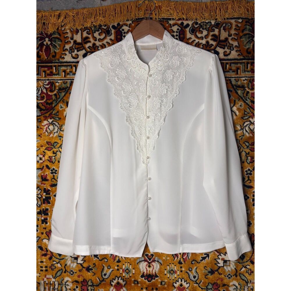 90s Vintage White Lace Embroidered Mandarin Collar Blouse Pearl Buttons Size 16W